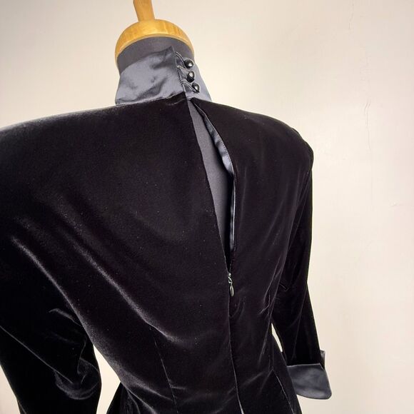 Vintage 80s Depêche Mode Black Velvet Cocktail Dress Satin Trim Mock Neck Korea - Picture 8 of 10